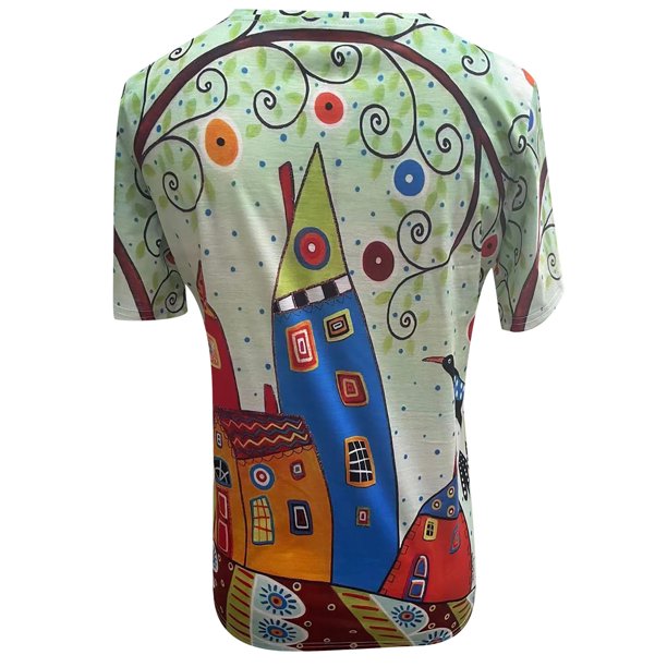 "Somrig t-shirt för kvinnor, lätt polyester, kortärmad, slimmande stil, perfekt för soliga dagar, streetwear look."