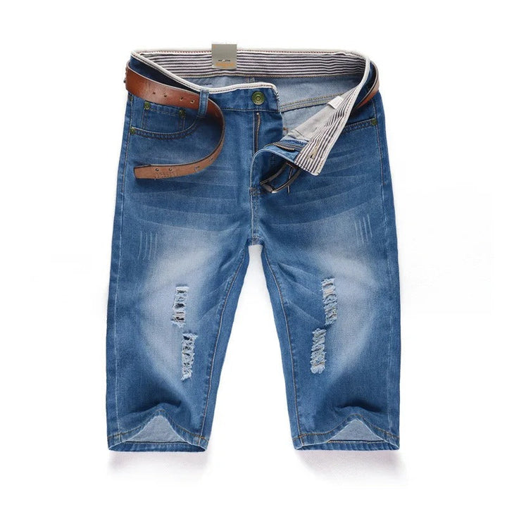 "Somriga tvättbara jeansshorts med perforeringar för män, knälånga och lös passform med funktionella fickor."