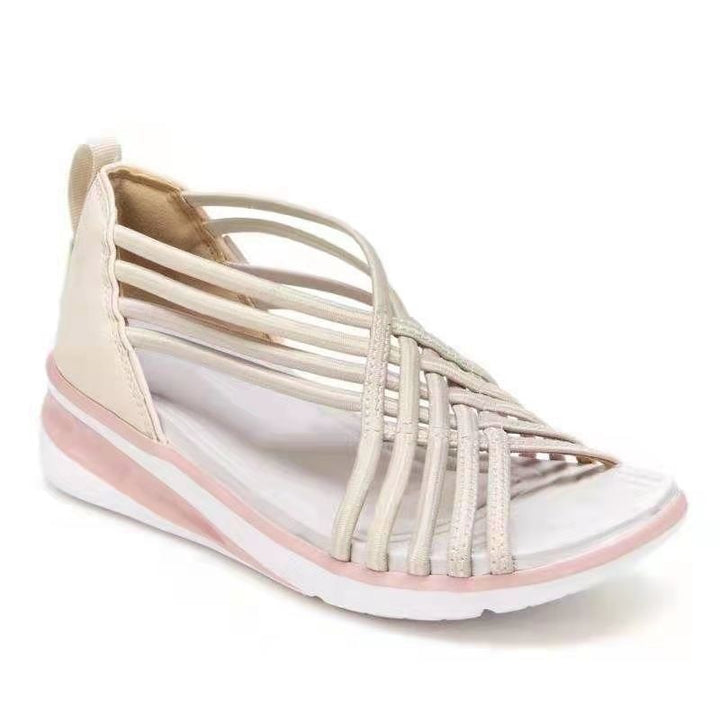 "Sportiga kvinnors sandaler med kilklack, retro stil, beige färg, bekväm passform för sommar, halkfria sulor."