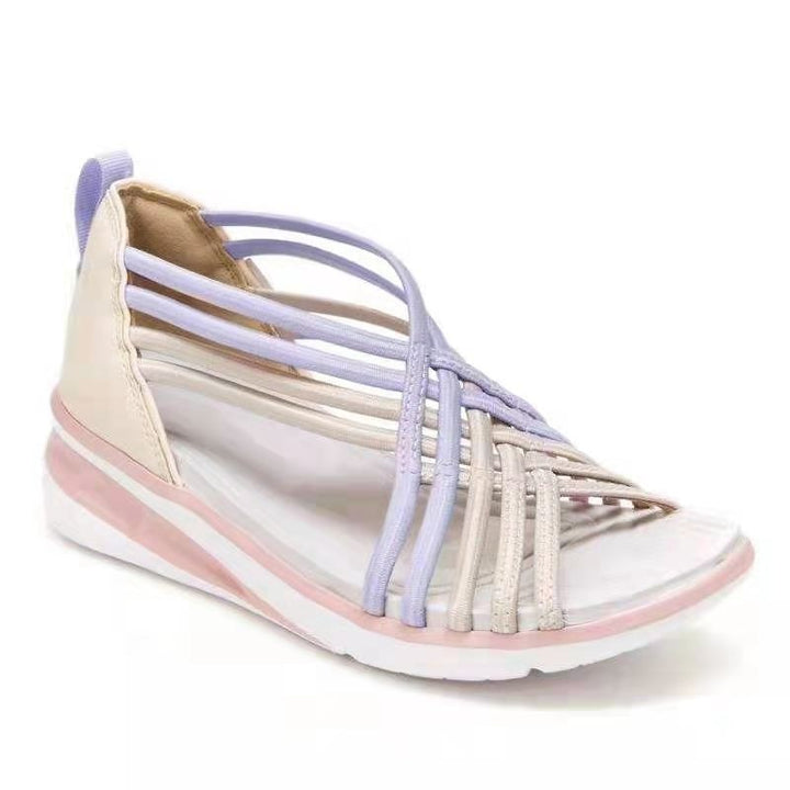 "Sportiga kvinnors sandaler med kilklack, retro stil, beige färg, bekväm passform för sommar, halkfria sulor."