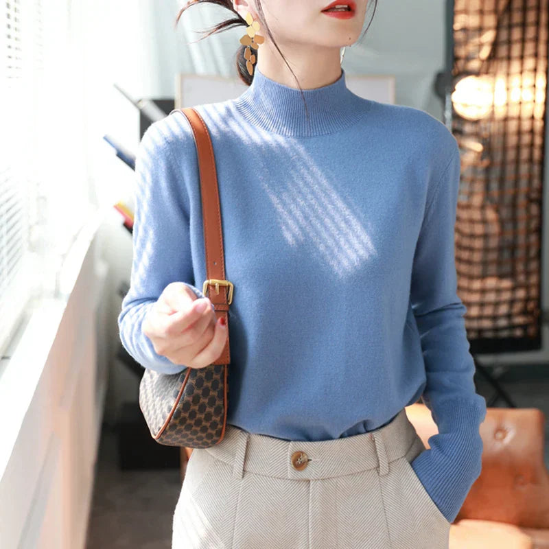 "Stickad dam turtleneck tröja, långärmad och varm, framifrån för eleganta höst- och vinterdagar, slank passform."