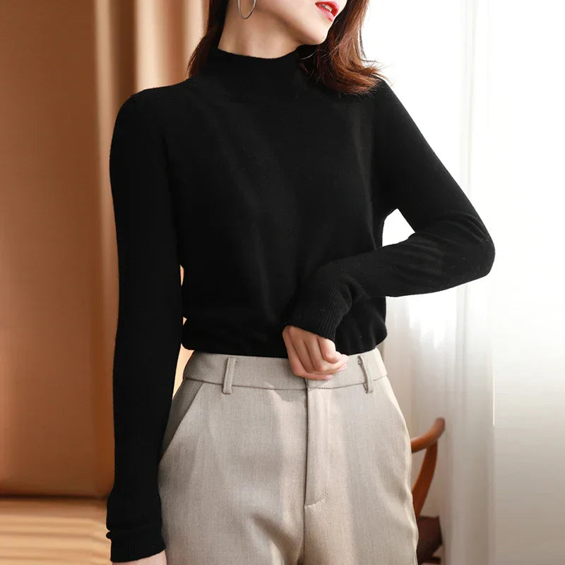 "Stickad dam turtleneck tröja, långärmad och varm, framifrån för eleganta höst- och vinterdagar, slank passform."