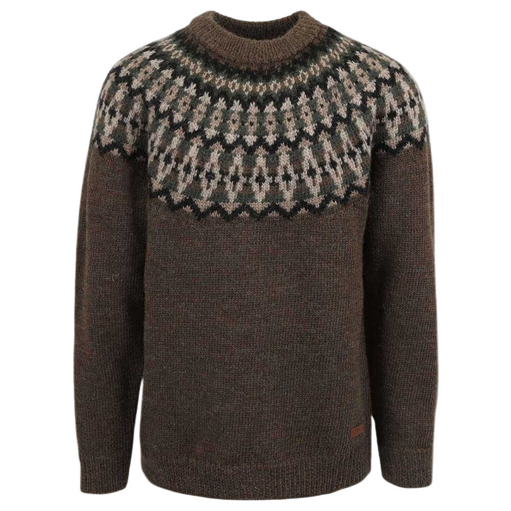 "Stickad damtröja i retro stil, flerfärgat mönster, varm och mysig för höst och vinter."