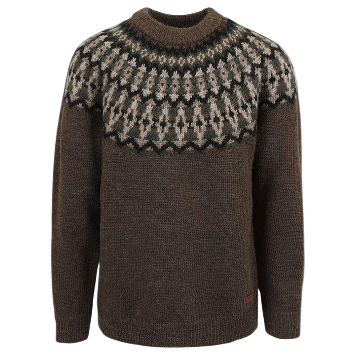 "Stickad damtröja i retro stil, flerfärgat mönster, varm och mysig för höst och vinter."