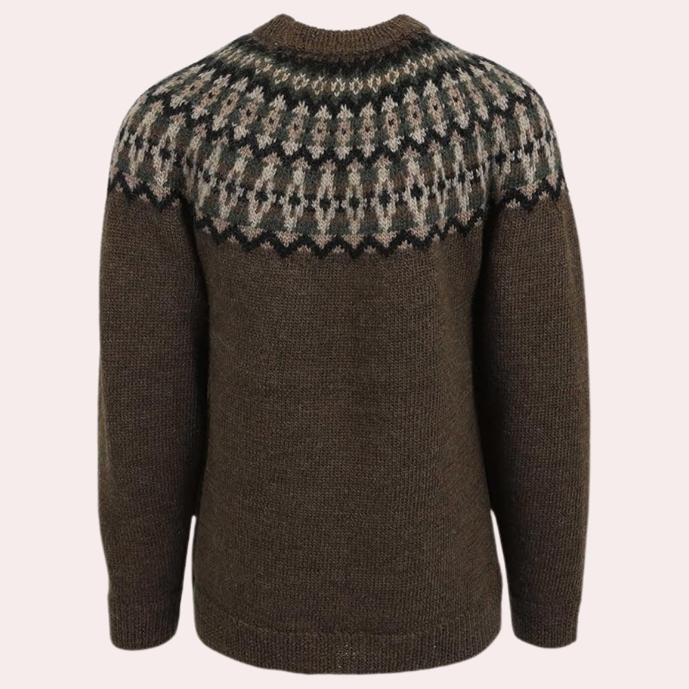 "Stickad damtröja i retro stil, flerfärgat mönster, varm och mysig för höst och vinter."