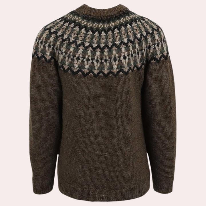 "Stickad damtröja i retro stil, flerfärgat mönster, varm och mysig för höst och vinter."
