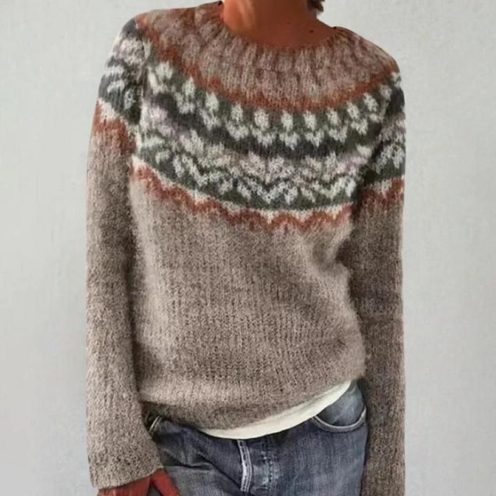 "Stickad damtröja i retro stil, flerfärgat mönster, varm och mysig för höst och vinter."