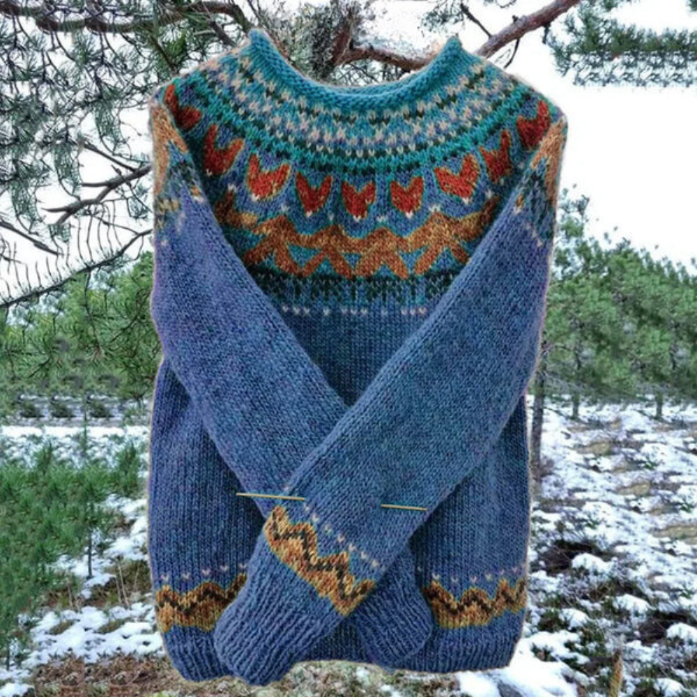 "Stickad damtröja i retro stil, flerfärgat mönster, varm och mysig för höst och vinter."