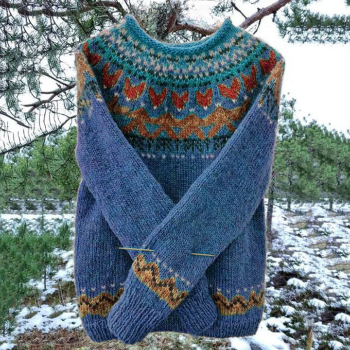 "Stickad damtröja i retro stil, flerfärgat mönster, varm och mysig för höst och vinter."