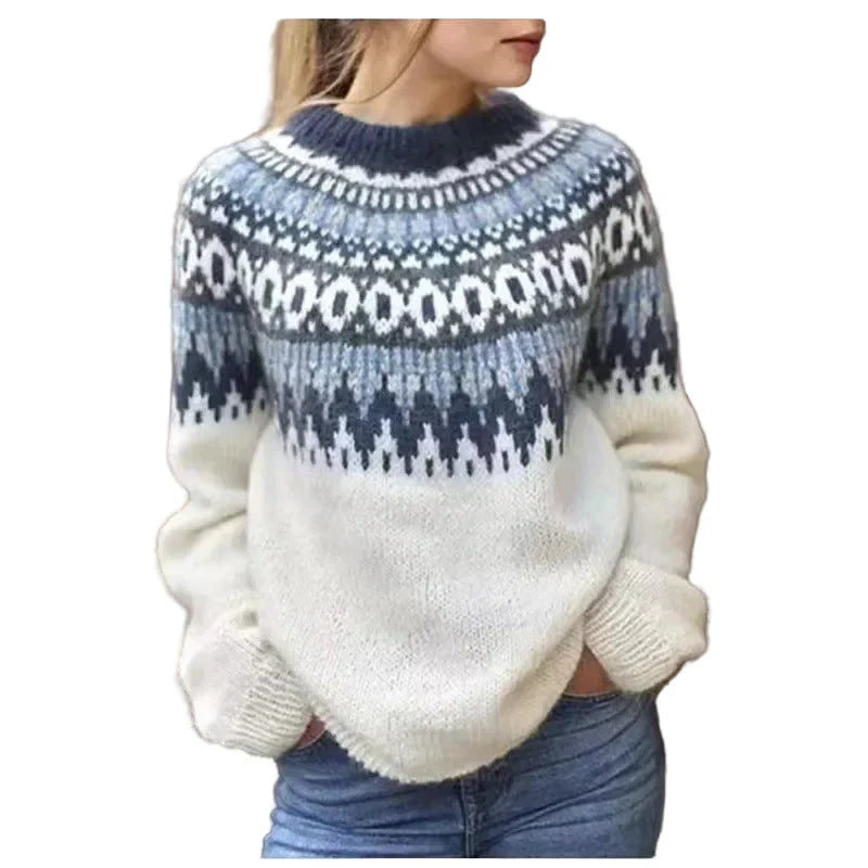 "Stickad damtröja med färgglada ränder och rund hals, avslappnad passform, trendig pullover för damer"