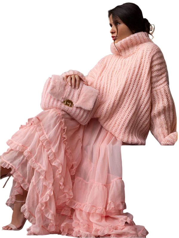 "Stickad damtröja med långa ärmar, mjuk polyester, pastellfärger, elegant funnel neck, idealisk för höst och vinter."