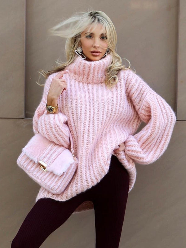 "Stickad damtröja med långa ärmar, mjuk polyester, pastellfärger, elegant funnel neck, idealisk för höst och vinter."
