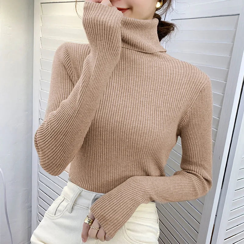 "Stickad damturtleneck tröja i mjuk material, perfekt för höst och vinter; elegant design för både vardagliga och formella st