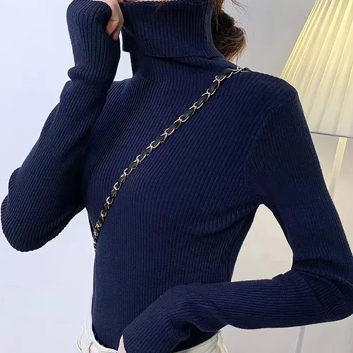 "Stickad damturtleneck tröja i mjuk material, perfekt för höst och vinter; elegant design för både vardagliga och formella st