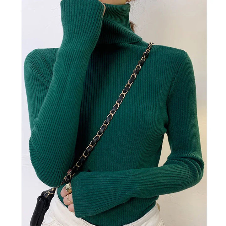 "Stickad damturtleneck tröja i mjuk material, perfekt för höst och vinter; elegant design för både vardagliga och formella st