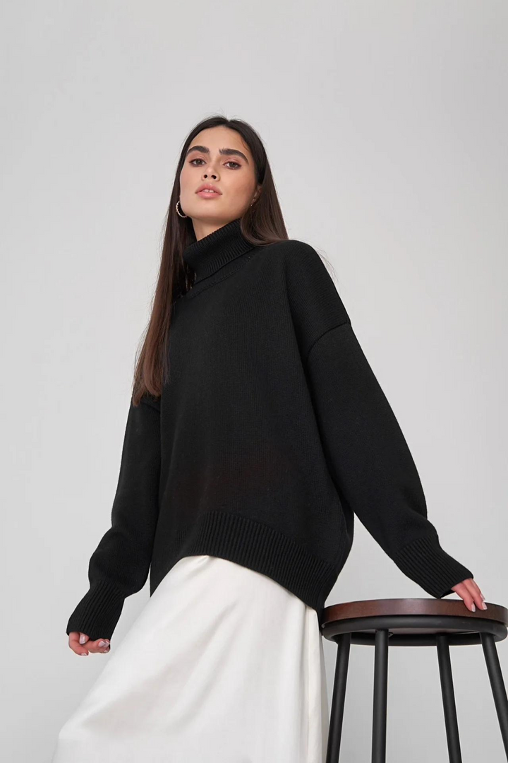 "Stickad hög hals damtröja i polyester, löst sittande passform, långärmad, varm och elegant design, idealisk för kyliga dagar