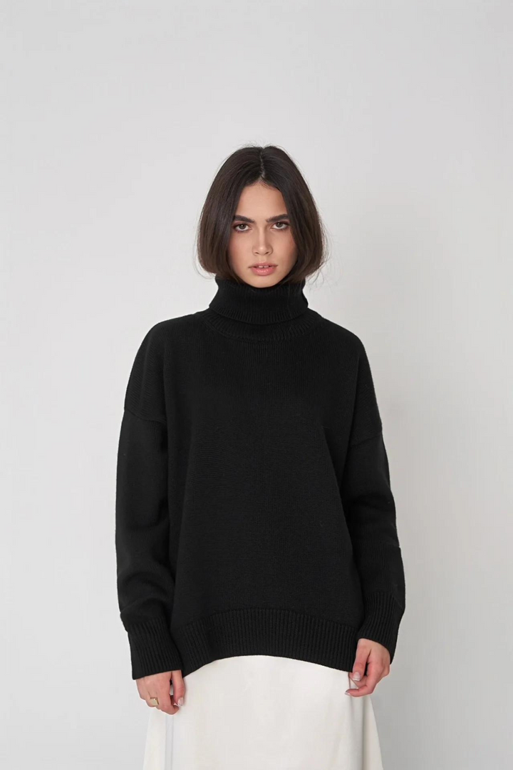 "Stickad hög hals damtröja i polyester, löst sittande passform, långärmad, varm och elegant design, idealisk för kyliga dagar