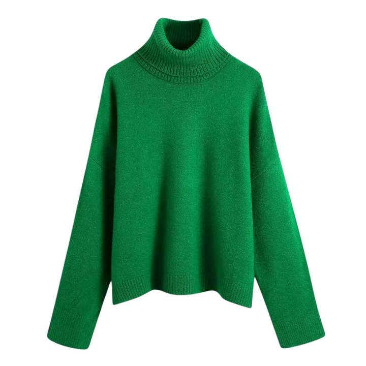 "Stickad hög hals damtröja i polyester, löst sittande passform, långärmad, varm och elegant design, idealisk för kyliga dagar