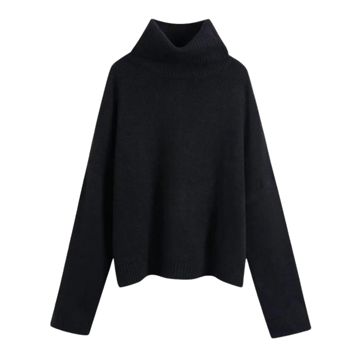 "Stickad hög hals damtröja i polyester, löst sittande passform, långärmad, varm och elegant design, idealisk för kyliga dagar
