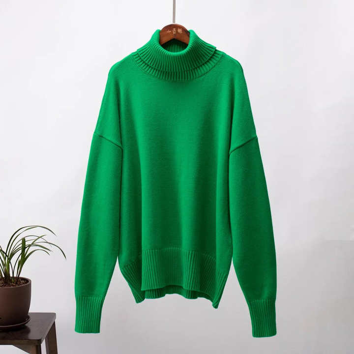"Stickad hög hals damtröja i polyester, löst sittande passform, långärmad, varm och elegant design, idealisk för kyliga dagar