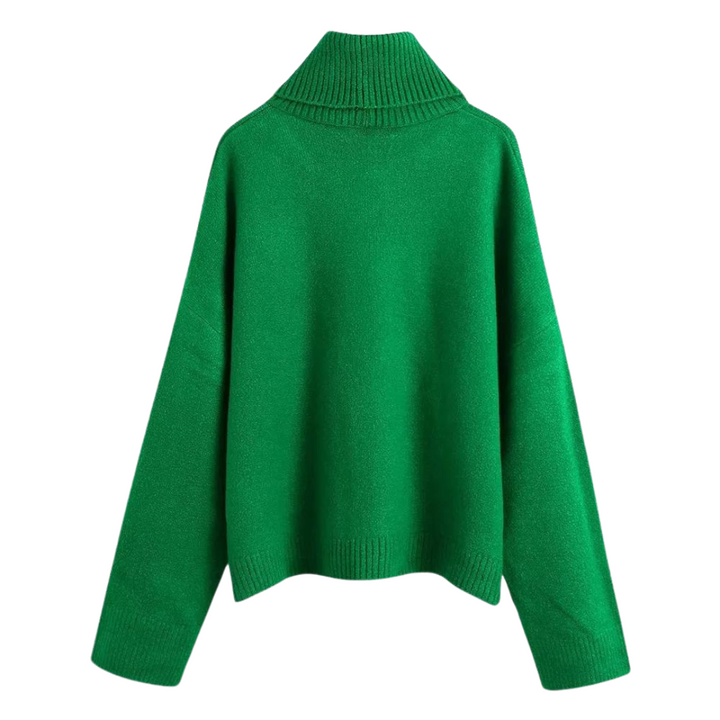 "Stickad hög hals damtröja i polyester, löst sittande passform, långärmad, varm och elegant design, idealisk för kyliga dagar