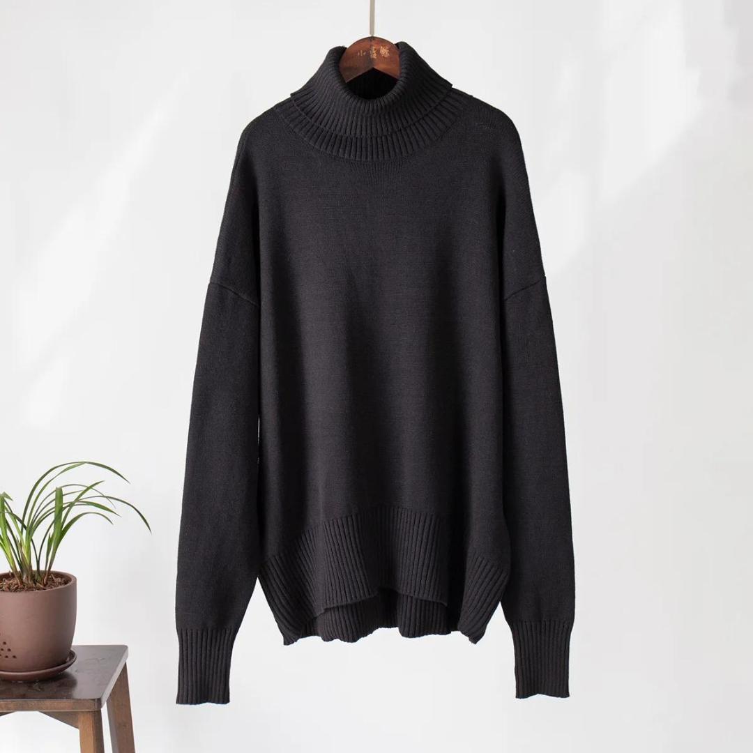 "Stickad hög hals damtröja i polyester, löst sittande passform, långärmad, varm och elegant design, idealisk för kyliga dagar