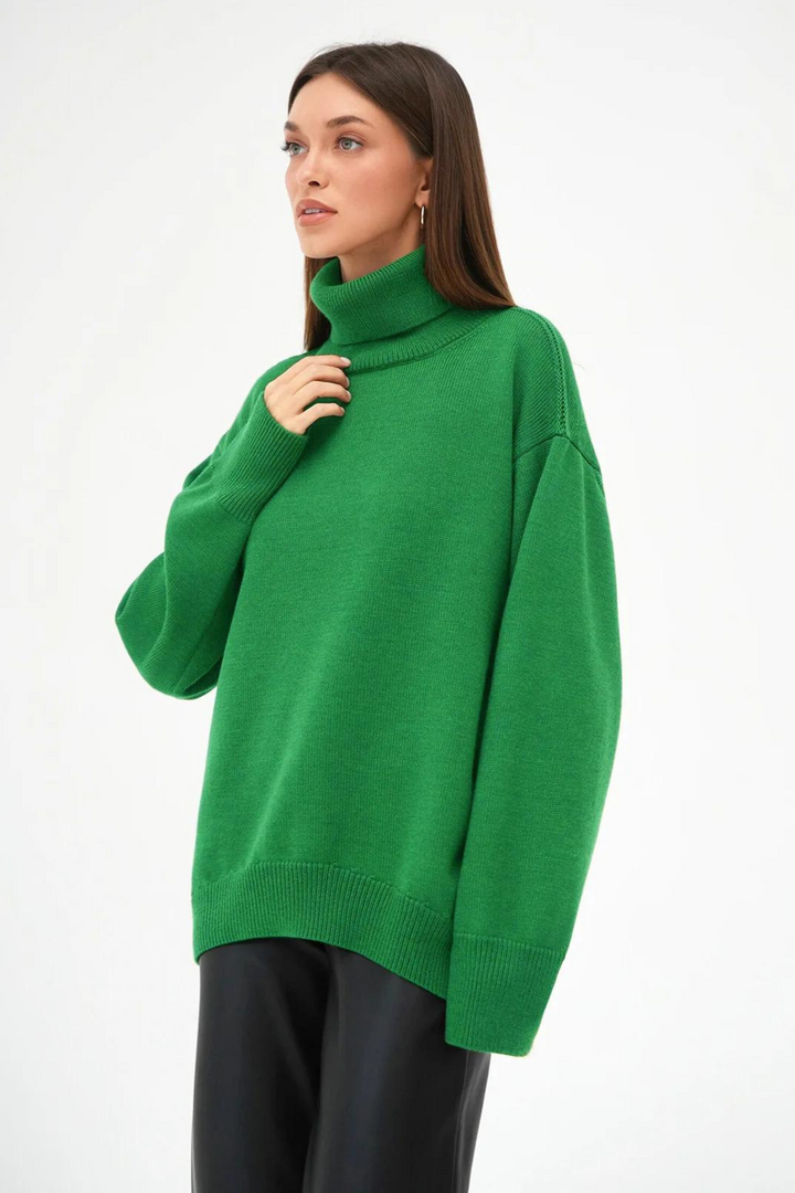 "Stickad hög hals damtröja i polyester, löst sittande passform, långärmad, varm och elegant design, idealisk för kyliga dagar