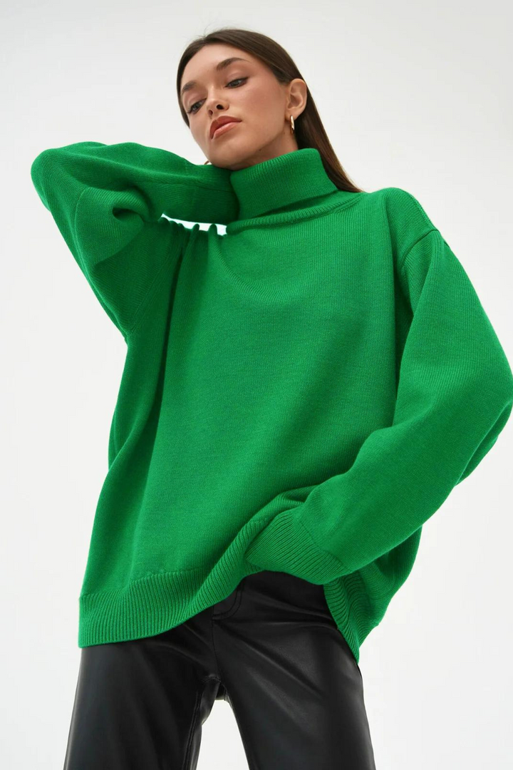"Stickad hög hals damtröja i polyester, löst sittande passform, långärmad, varm och elegant design, idealisk för kyliga dagar