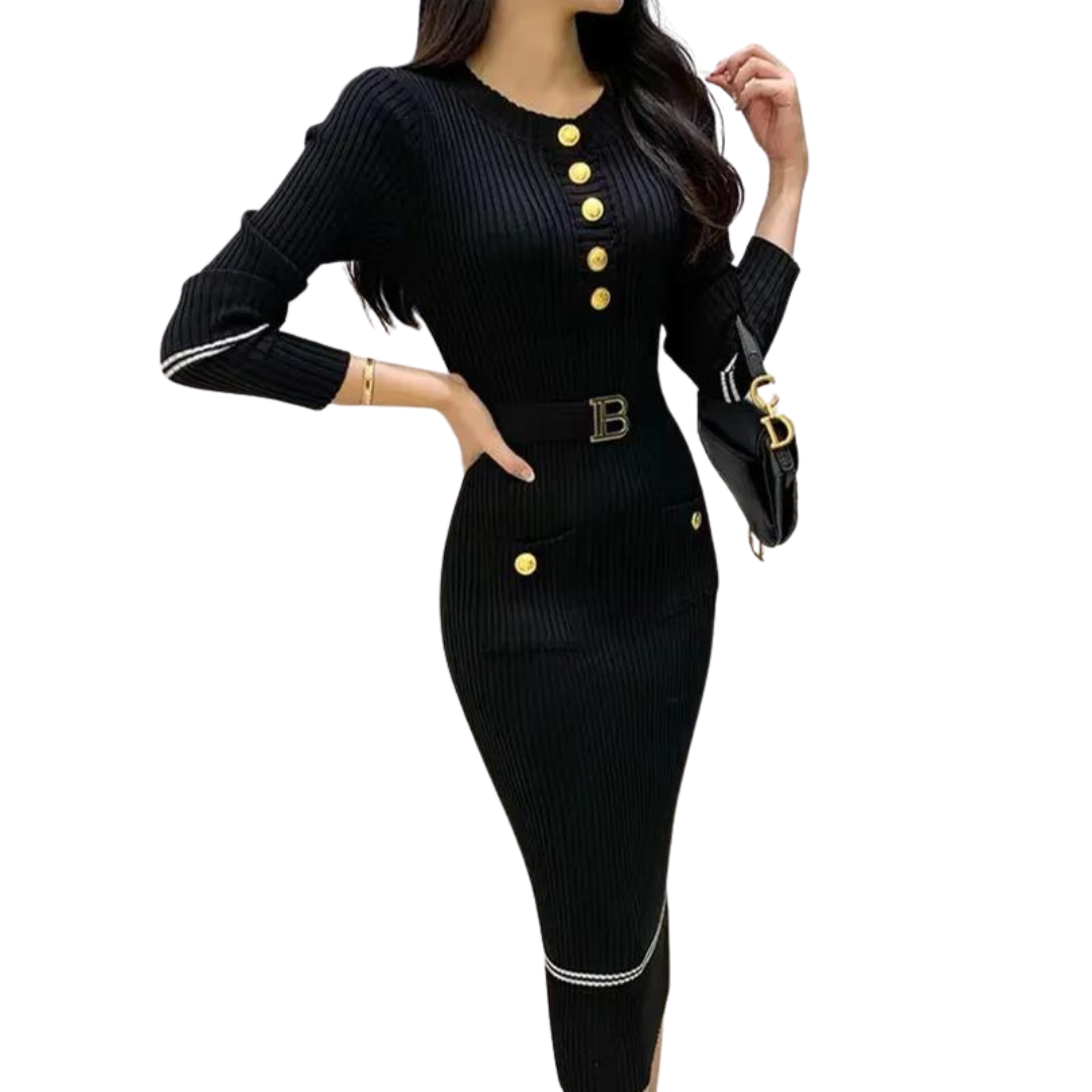 "Stickad o-ringad bodycon klänning i beige med bälte, framhäver kurvor och ger en elegant look, perfekt för alla tillfällen."