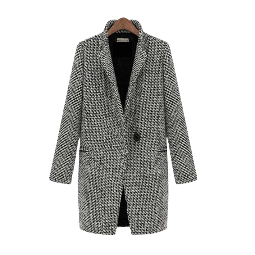 "Stilig damkappa med houndstooth-mönster, ullblandning; elegant, tidlös design och varm innerfoder för vinterbruk."