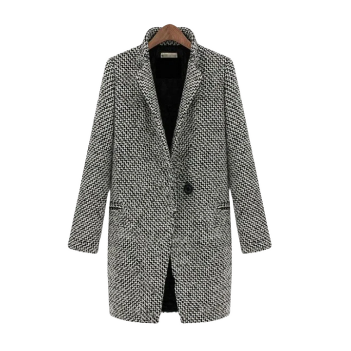 "Stilig damkappa med houndstooth-mönster, ullblandning; elegant, tidlös design och varm innerfoder för vinterbruk."