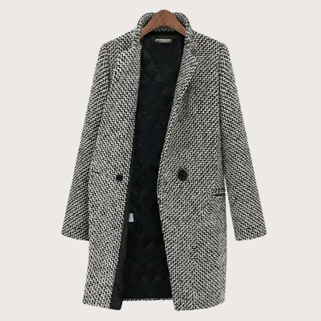 "Stilig damkappa med houndstooth-mönster, ullblandning; elegant, tidlös design och varm innerfoder för vinterbruk."