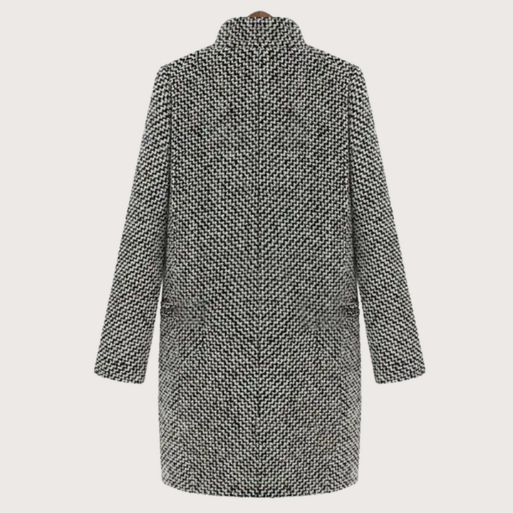 "Stilig damkappa med houndstooth-mönster, ullblandning; elegant, tidlös design och varm innerfoder för vinterbruk."