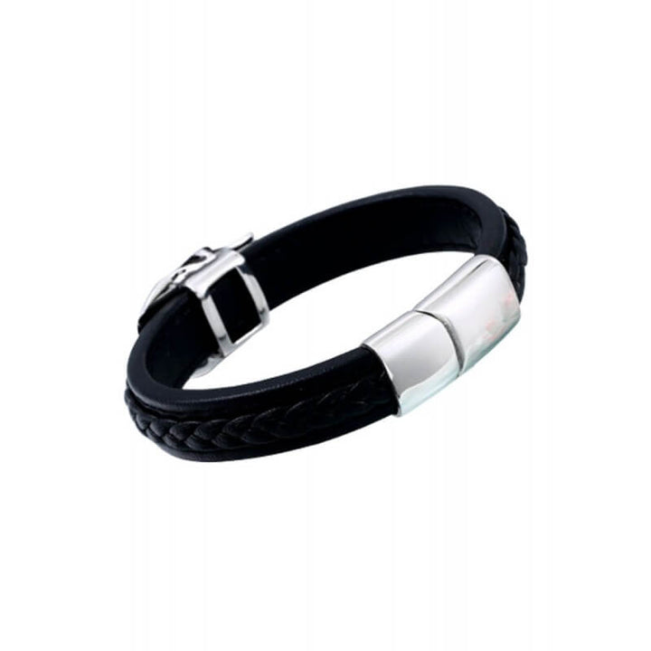 "Stiligt läderarmband för män med detaljerad skalle i rostfritt stål, elegant och tuff design."