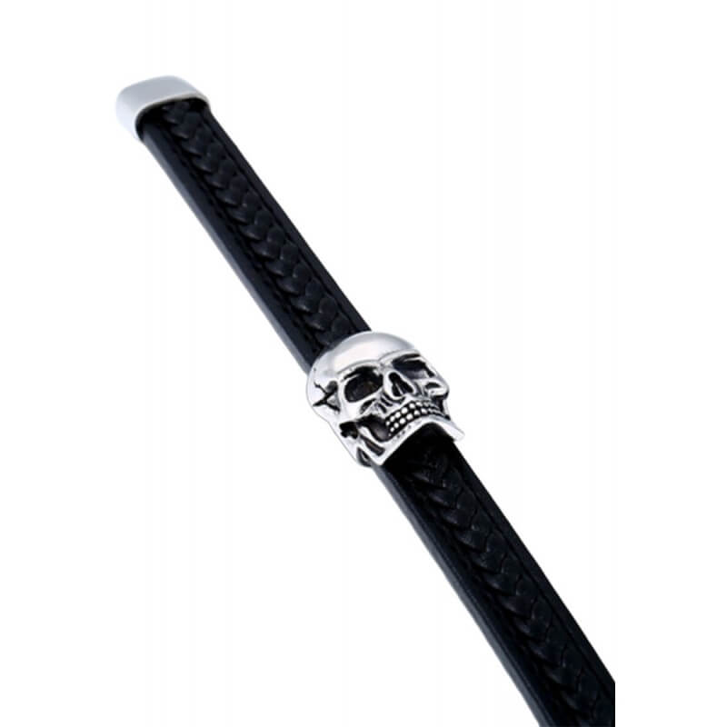 "Stiligt läderarmband för män med detaljerad skalle i rostfritt stål, elegant och tuff design."