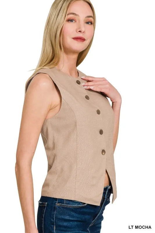 "Stilren dam dunväst i linne-stil, knäppt design med fickor, lätt material perfekt för alla säsonger."
