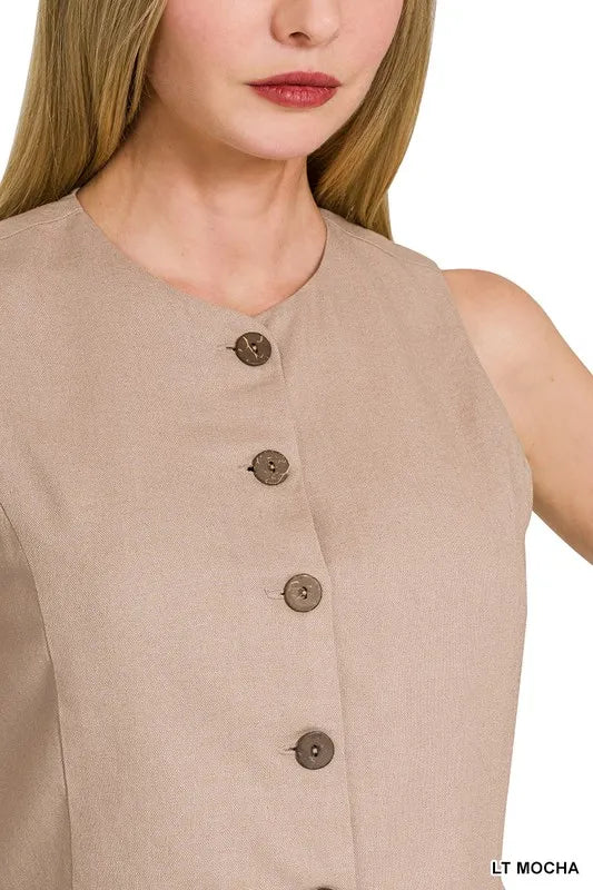 "Stilren dam dunväst i linne-stil, knäppt design med fickor, lätt material perfekt för alla säsonger."