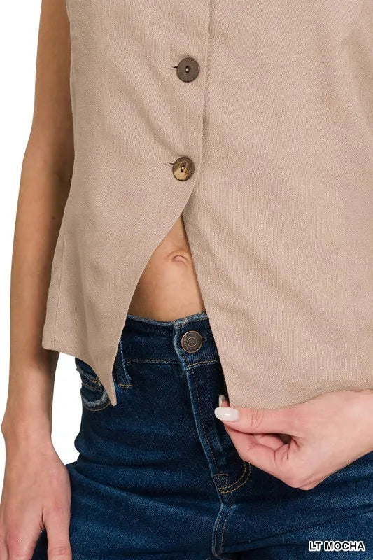 "Stilren dam dunväst i linne-stil, knäppt design med fickor, lätt material perfekt för alla säsonger."