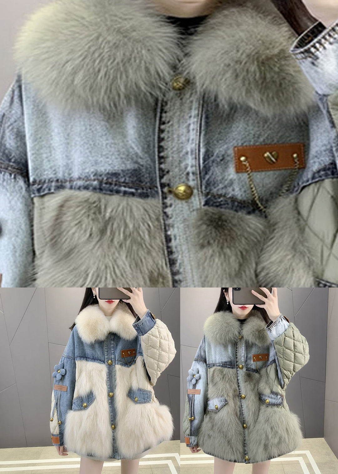 "Stilren kvinnors denimkappa med elegant foxkrage, perfekt för vintermode och värme. Trendig och bekväm design."