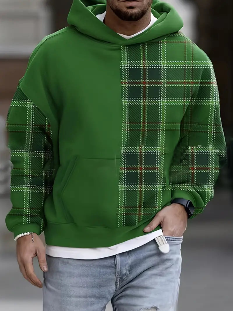 "Stilren mäns hoodie med rutigt mönster i bomullsblandning, bekväm och trendig design för alla tillfällen."
