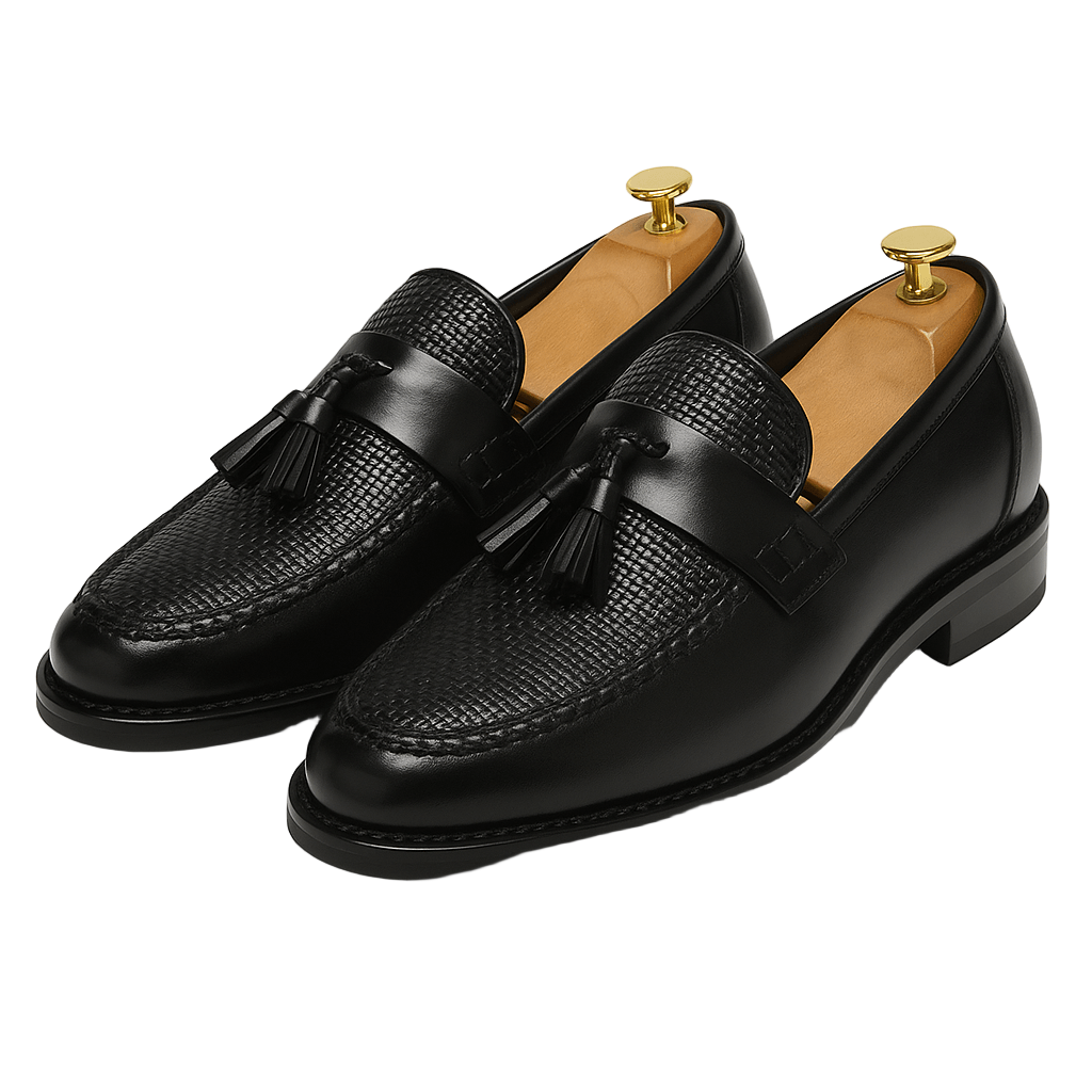 "Stilrena herrloafers med vävd vamp och tofsdetaljer, slip-on design för både formella och avslappnade tillfällen."