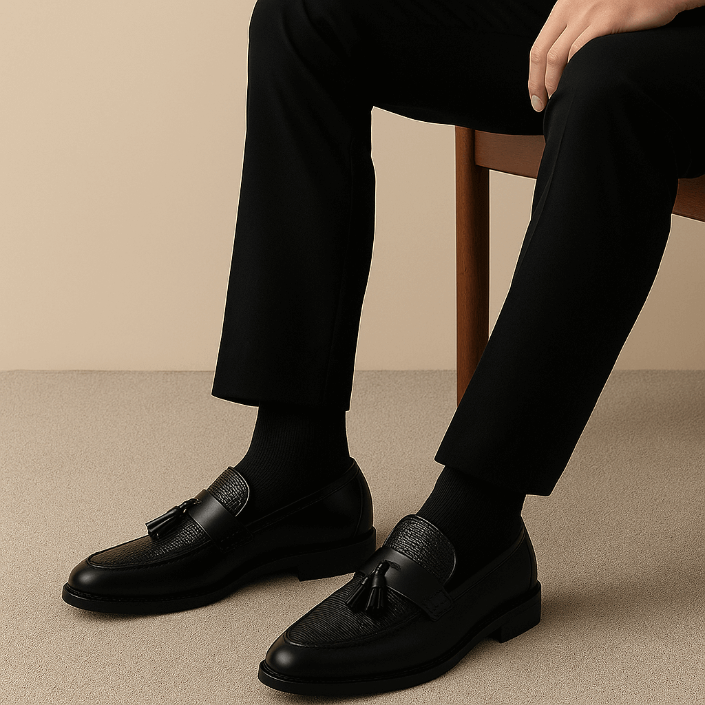 "Stilrena herrloafers med vävd vamp och tofsdetaljer, slip-on design för både formella och avslappnade tillfällen."