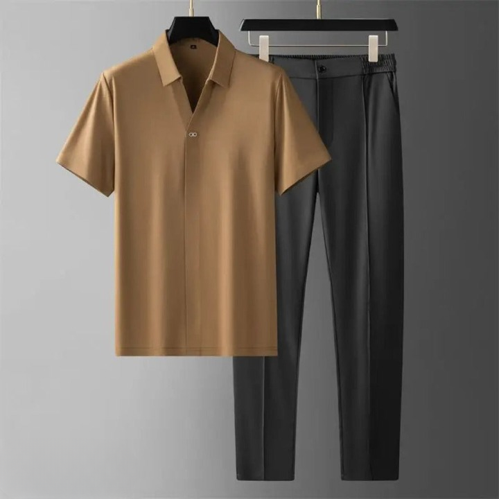 "Stilrent herr tweed polo set med korta ärmar, luftig passform, klassisk design för vår- och höstsäsongen."