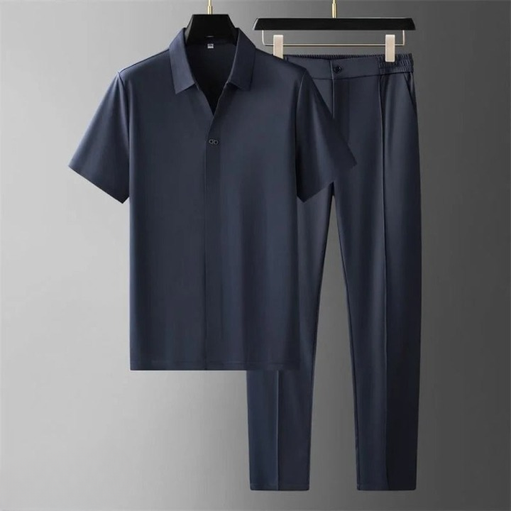 "Stilrent herr tweed polo set med korta ärmar, luftig passform, klassisk design för vår- och höstsäsongen."