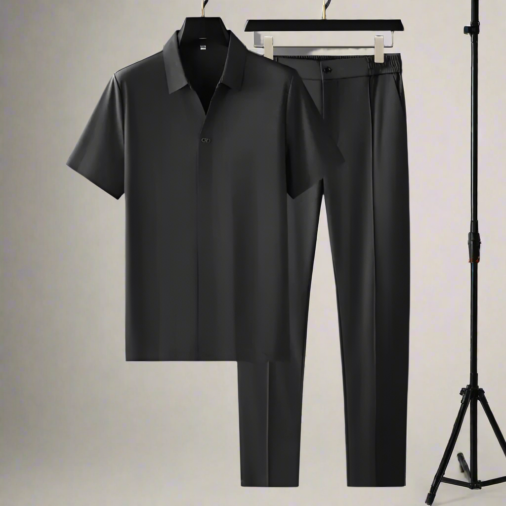 "Stilrent herr tweed polo set med korta ärmar, luftig passform, klassisk design för vår- och höstsäsongen."