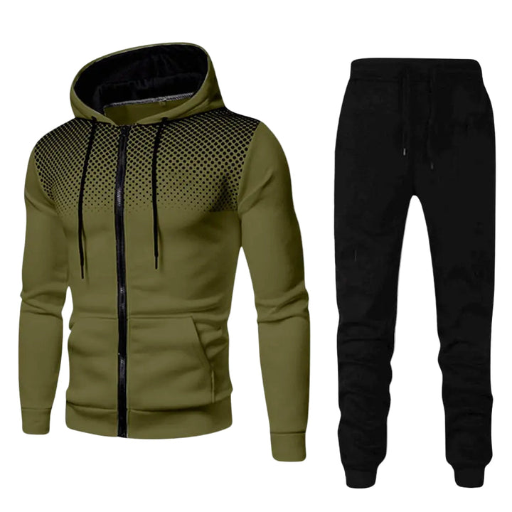 "Stilrent herrträningsset med hoodie och joggingbyxor, modern passform, mjukt material i trendiga färger."