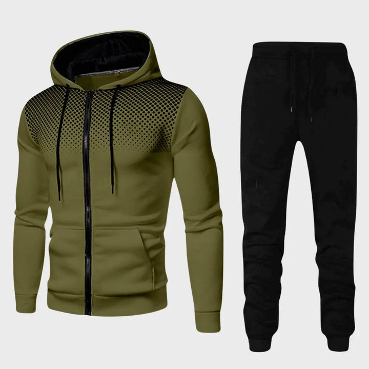 "Stilrent herrträningsset med hoodie och joggingbyxor, modern passform, mjukt material i trendiga färger."
