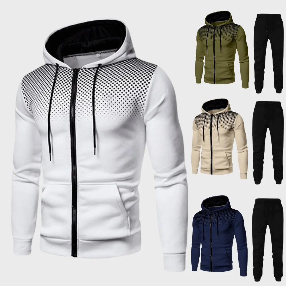 "Stilrent herrträningsset med hoodie och joggingbyxor, modern passform, mjukt material i trendiga färger."