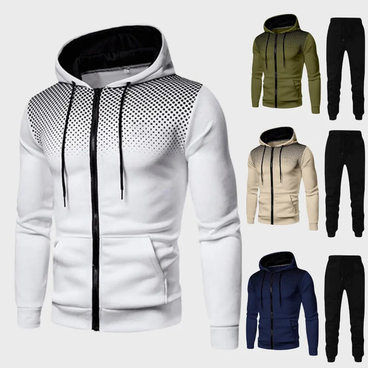 "Stilrent herrträningsset med hoodie och joggingbyxor, modern passform, mjukt material i trendiga färger."