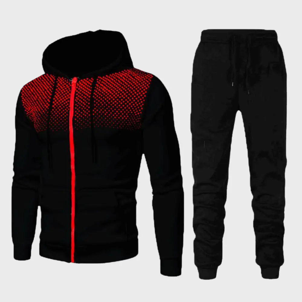 "Stilrent herrträningsset med hoodie och joggingbyxor, modern passform, mjukt material i trendiga färger."